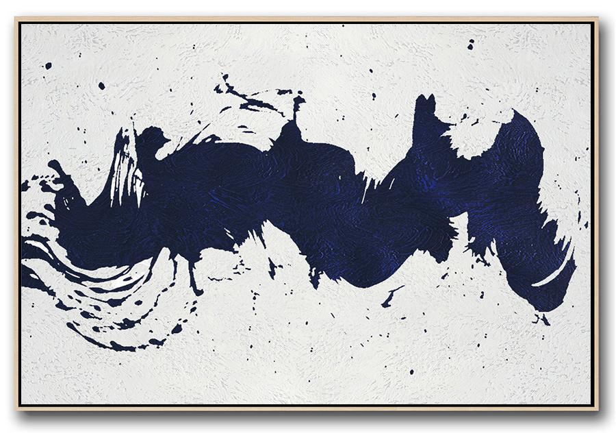 Horizontal Abstract Painting Navy Blue Minimalist Painting On Canvas - Canvas Art Pieces Extra Large